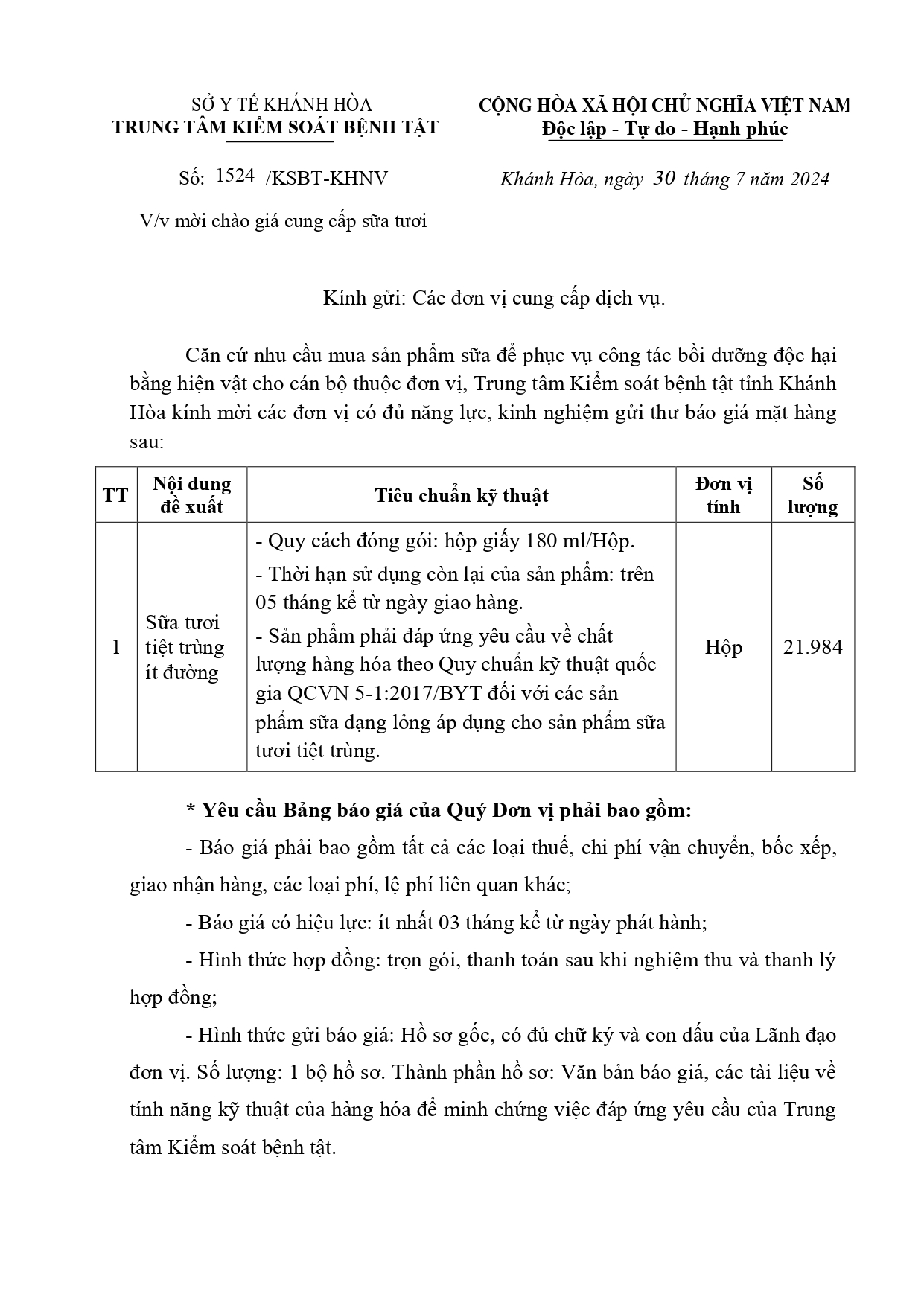 V/v mời chào giá cung cấp sữa tươi